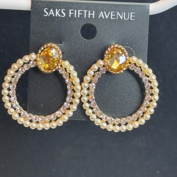 Saks Fifth Ave Champagne Crystal Post With Faux Pearl & Crystal Hoop Earrings - Picture 3 of 8